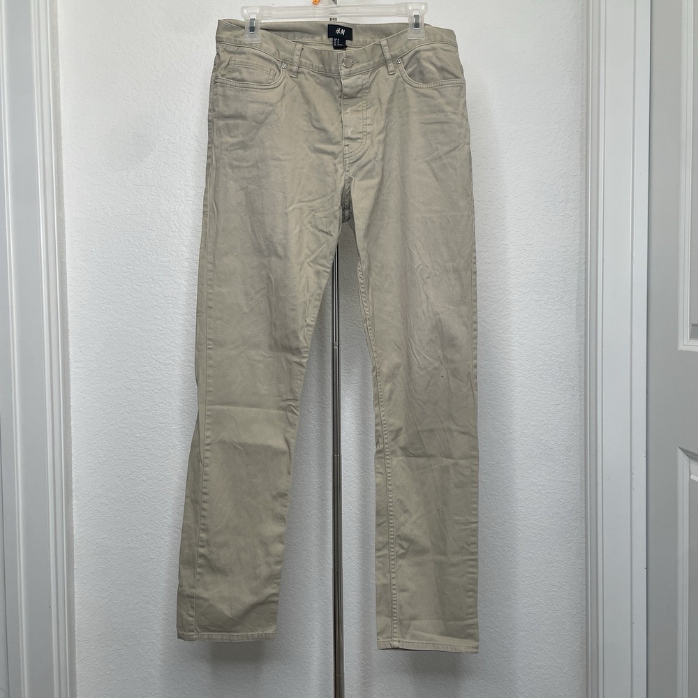 H&M Slim Fit Button Fly Jeans Mens 31 Beige Khaki Denim Casual - Read Flaw
